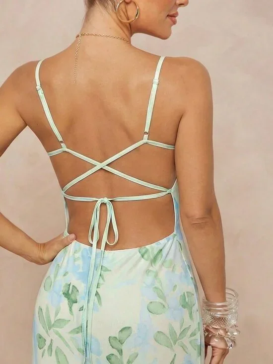 Multicolor Boho Women's Maxi Dress with Ruffle Overlay and Lace Back - Picture 6 of 6